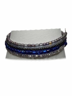 Blue and Silver Seed Bead Bracelet memory wire handmade